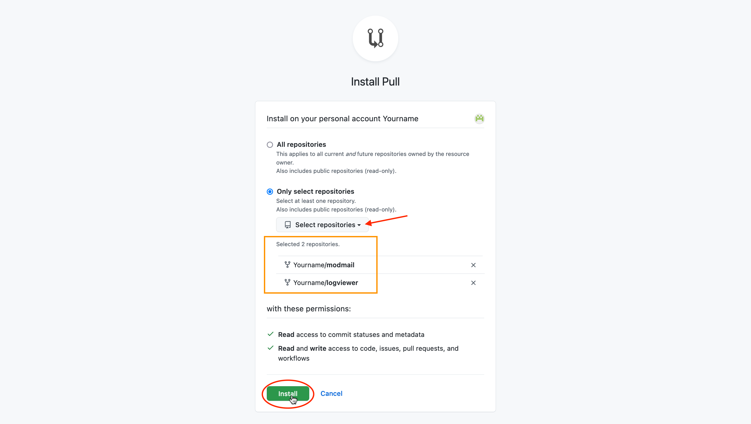 Screenshot of selecting both repositories.