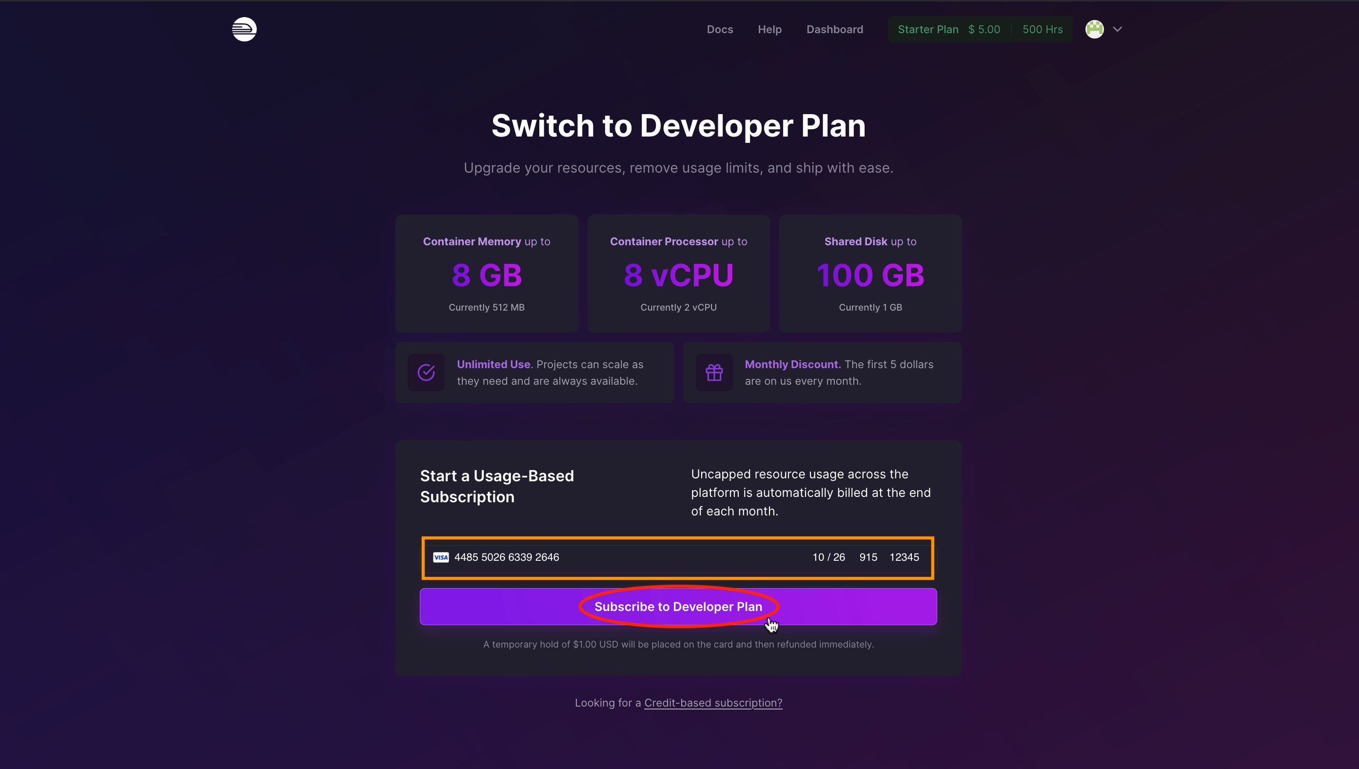 Screenshot of filling in credit card details and clicking subscribe.