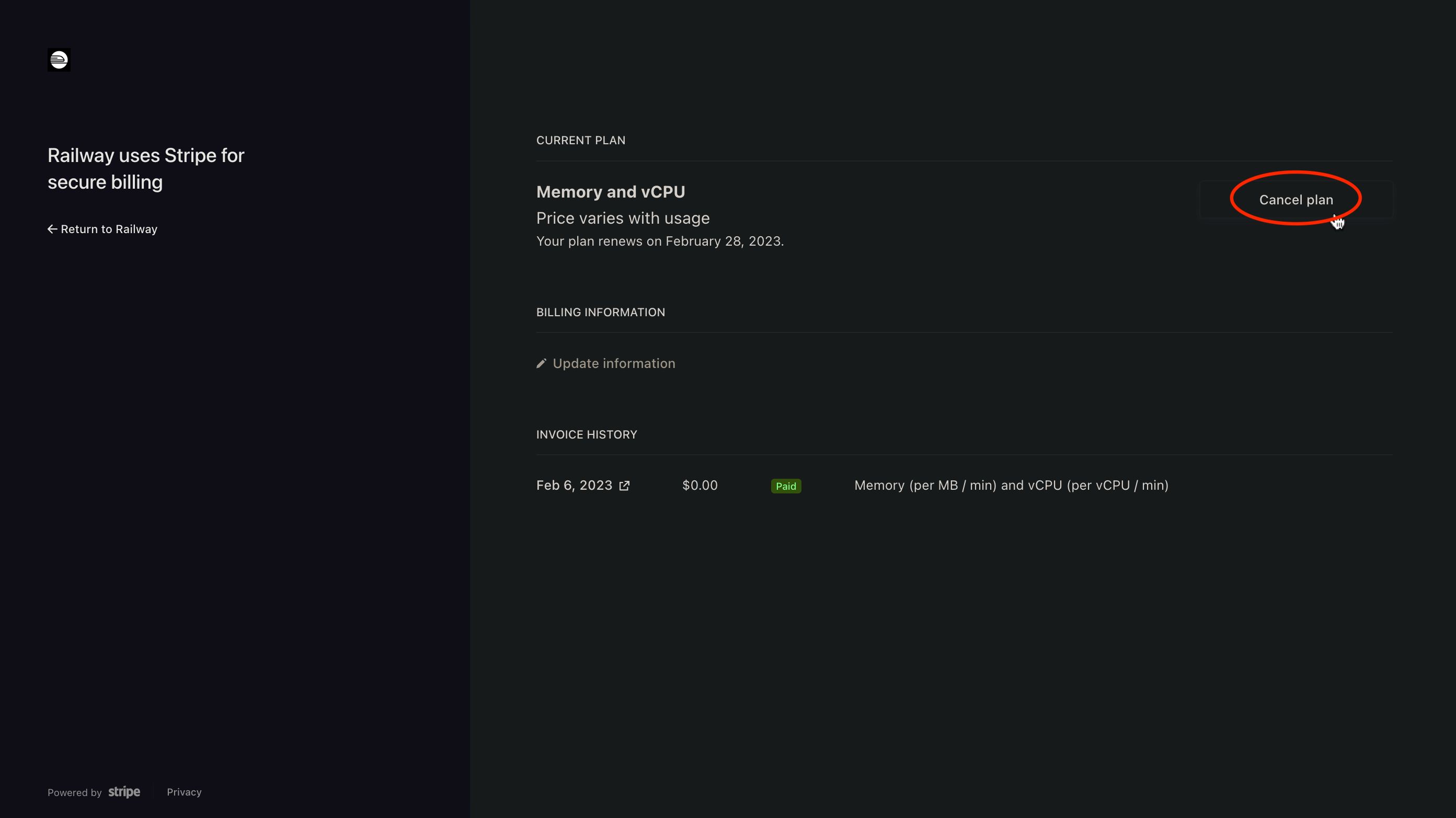 Screenshot of clicking cancel plan.