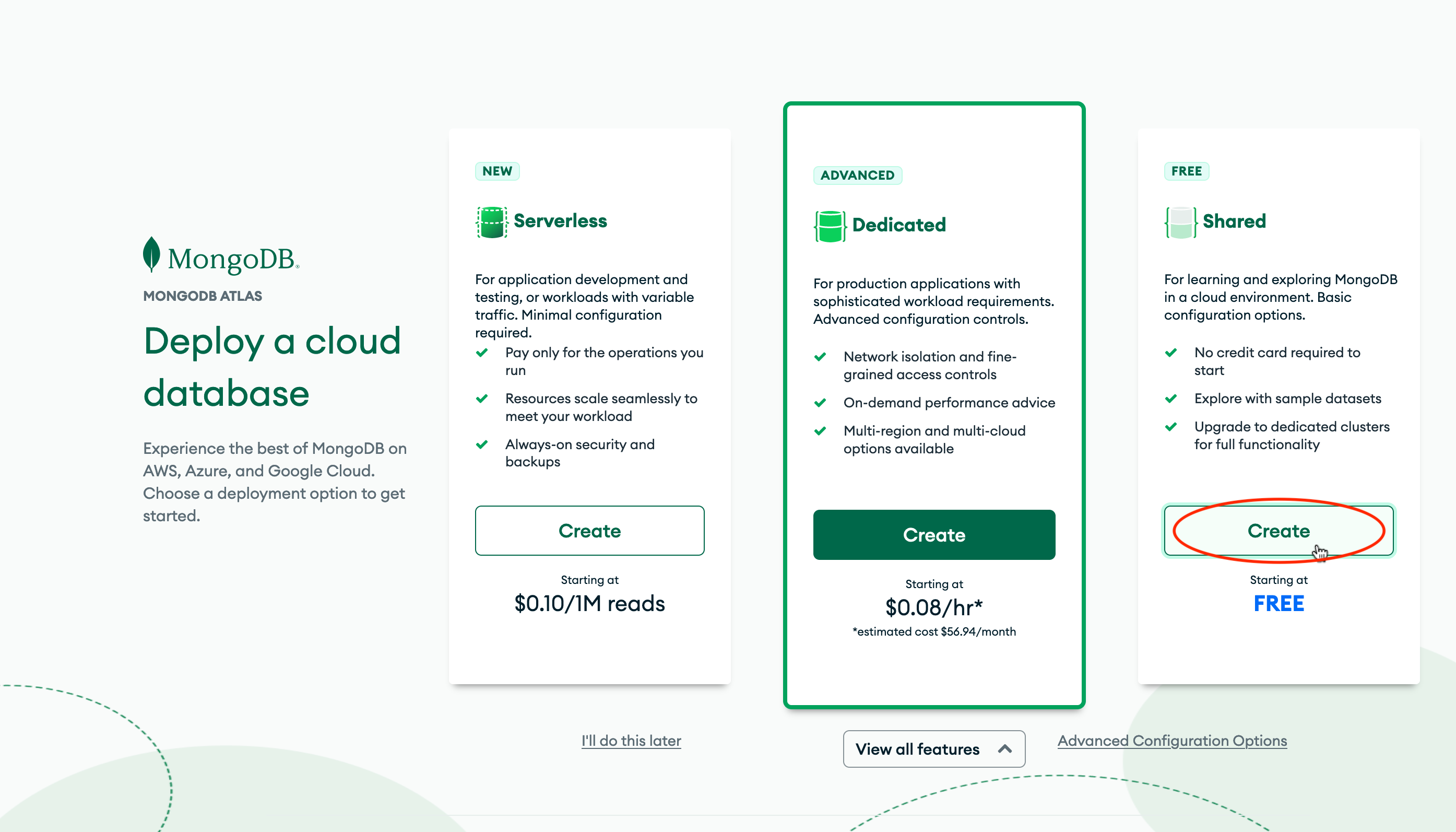 Screenshot of choosing the shared option and click create.
