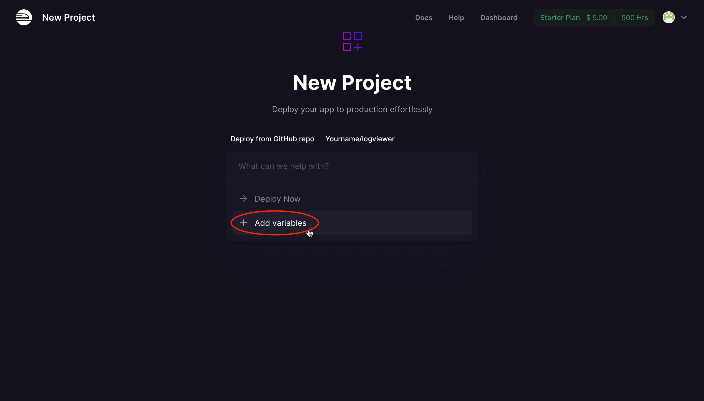 Screenshot of choosing Add Variables.