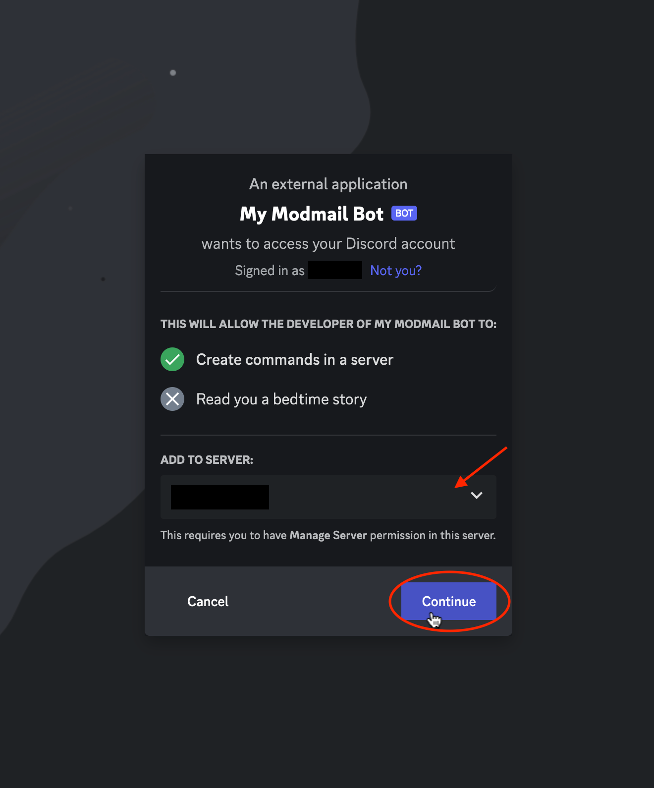 Screenshot of the Discord bot invite prompt, click continue.