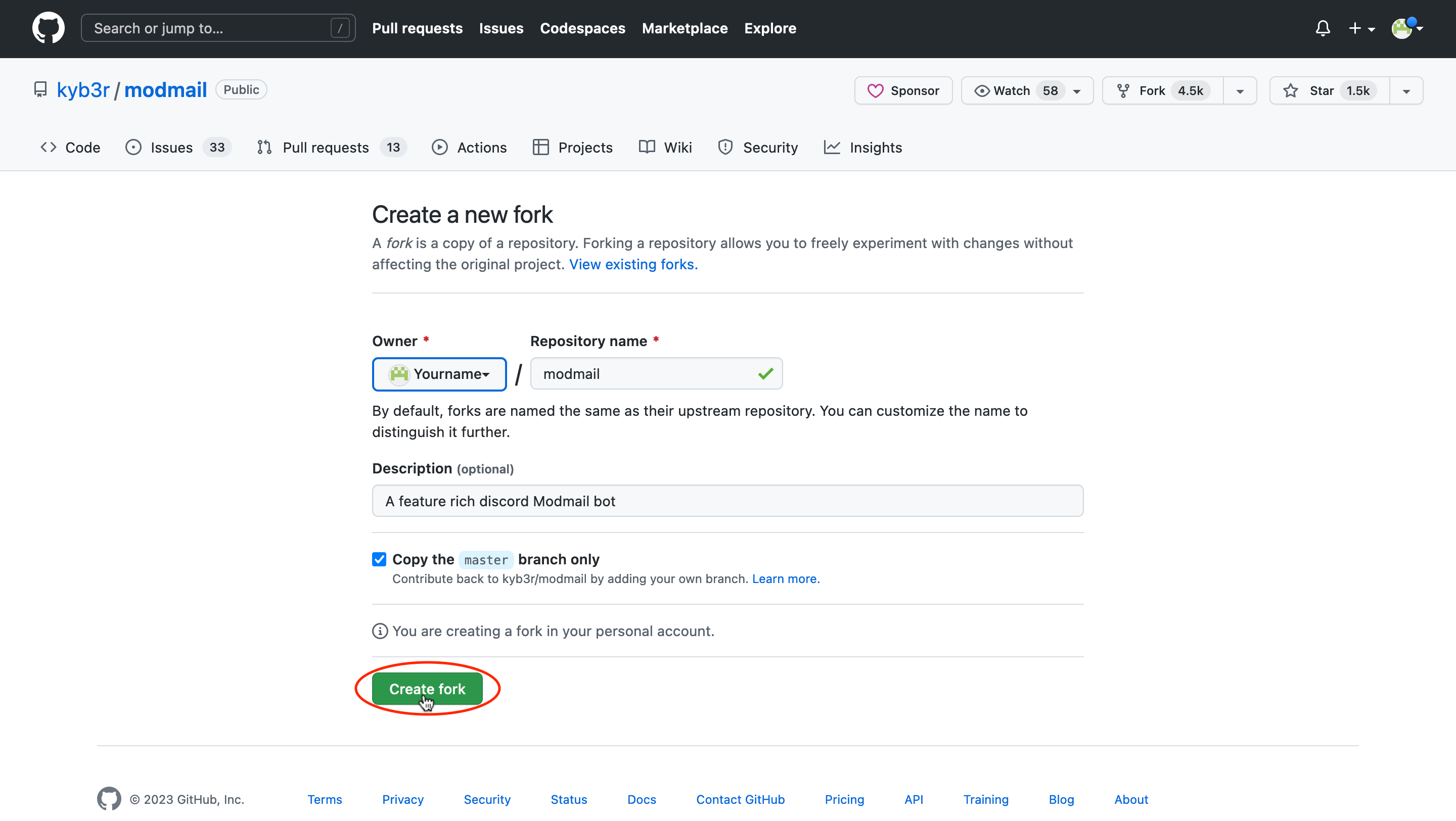Screenshot of creating a Modmail fork.