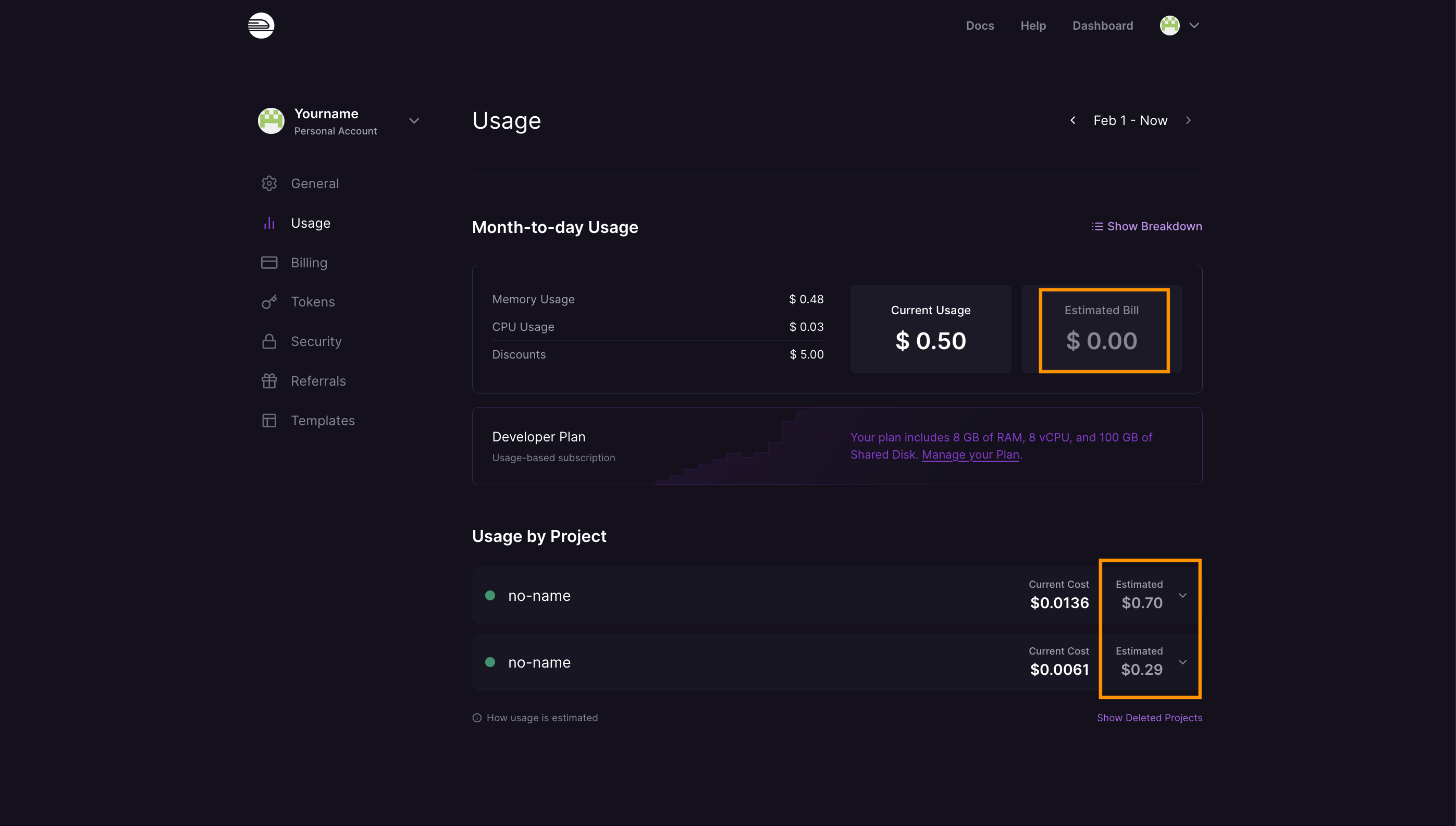 Screenshot of the usage page.