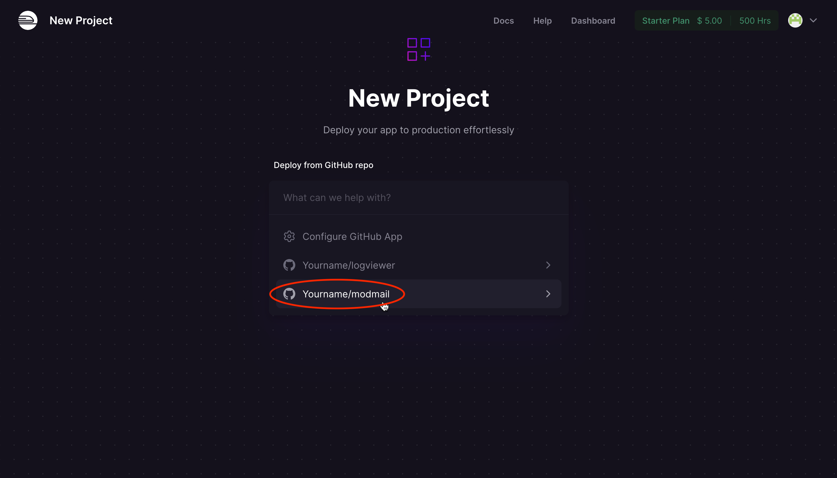 Screenshot of selecting the Modmail repository.