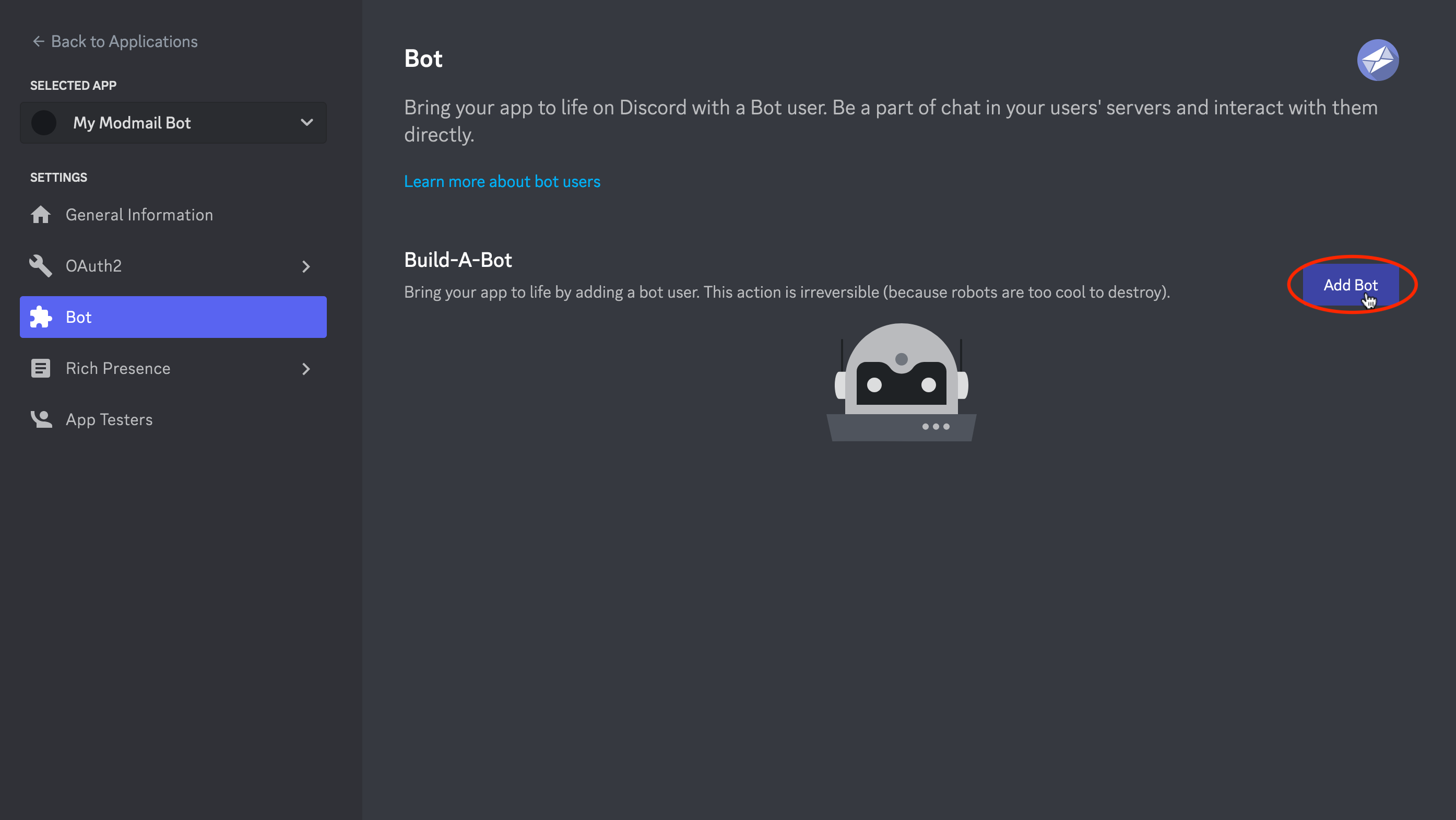 Screenshot of the bot tab, click add bot.