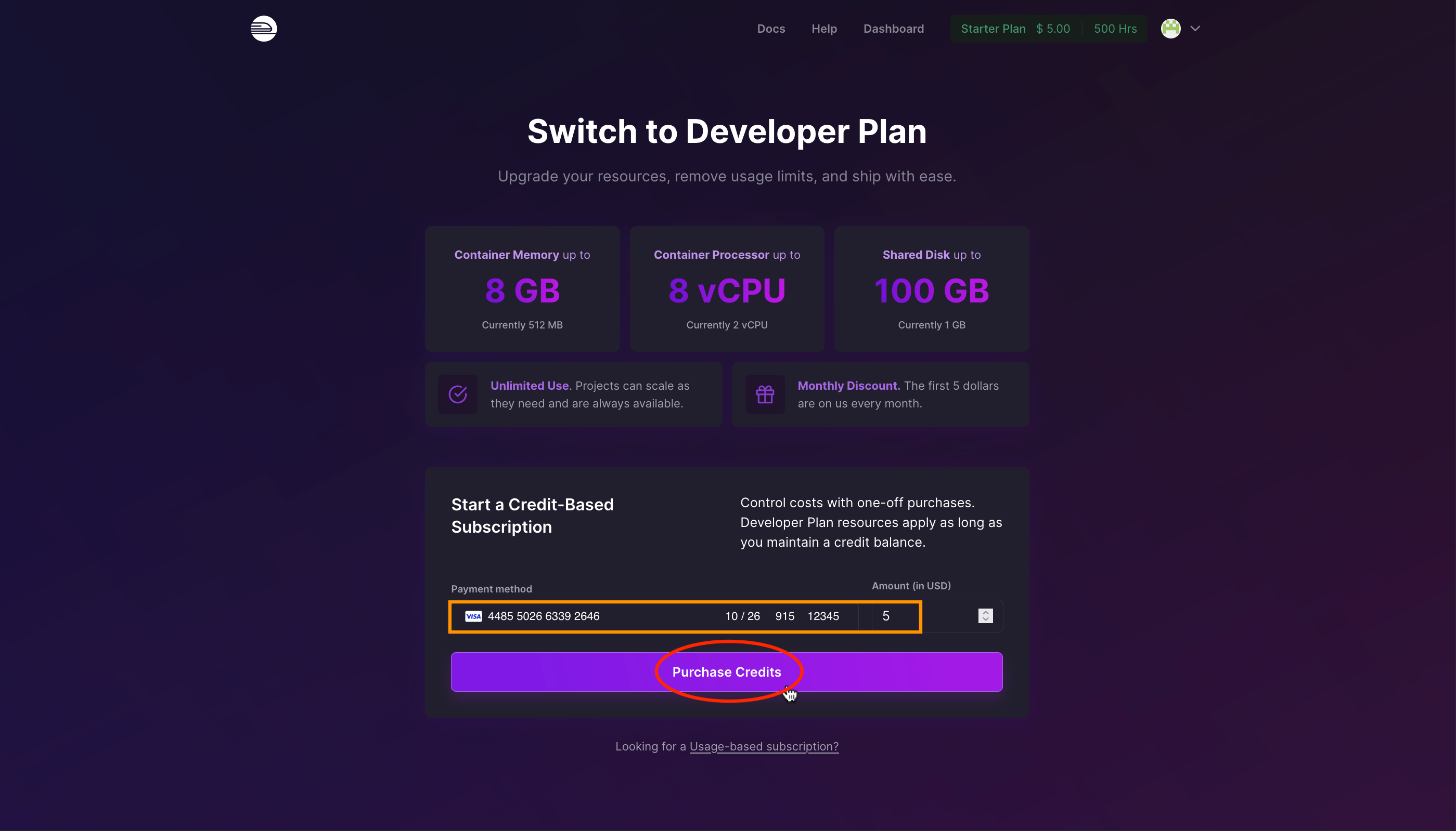 Screenshot of entering credit card info, $5 amount, and click purchase credits.