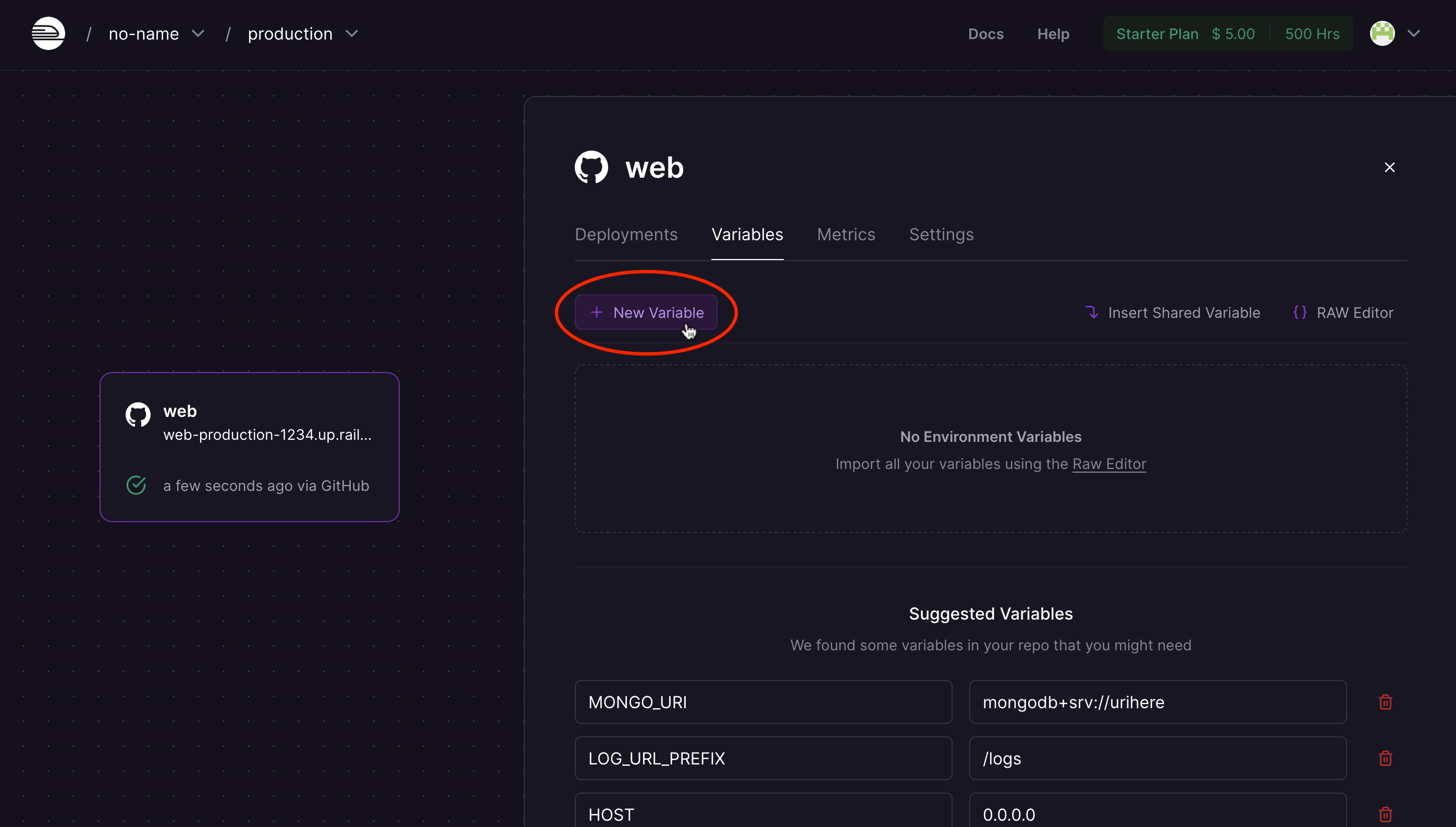 Screenshot of clicking new variable.