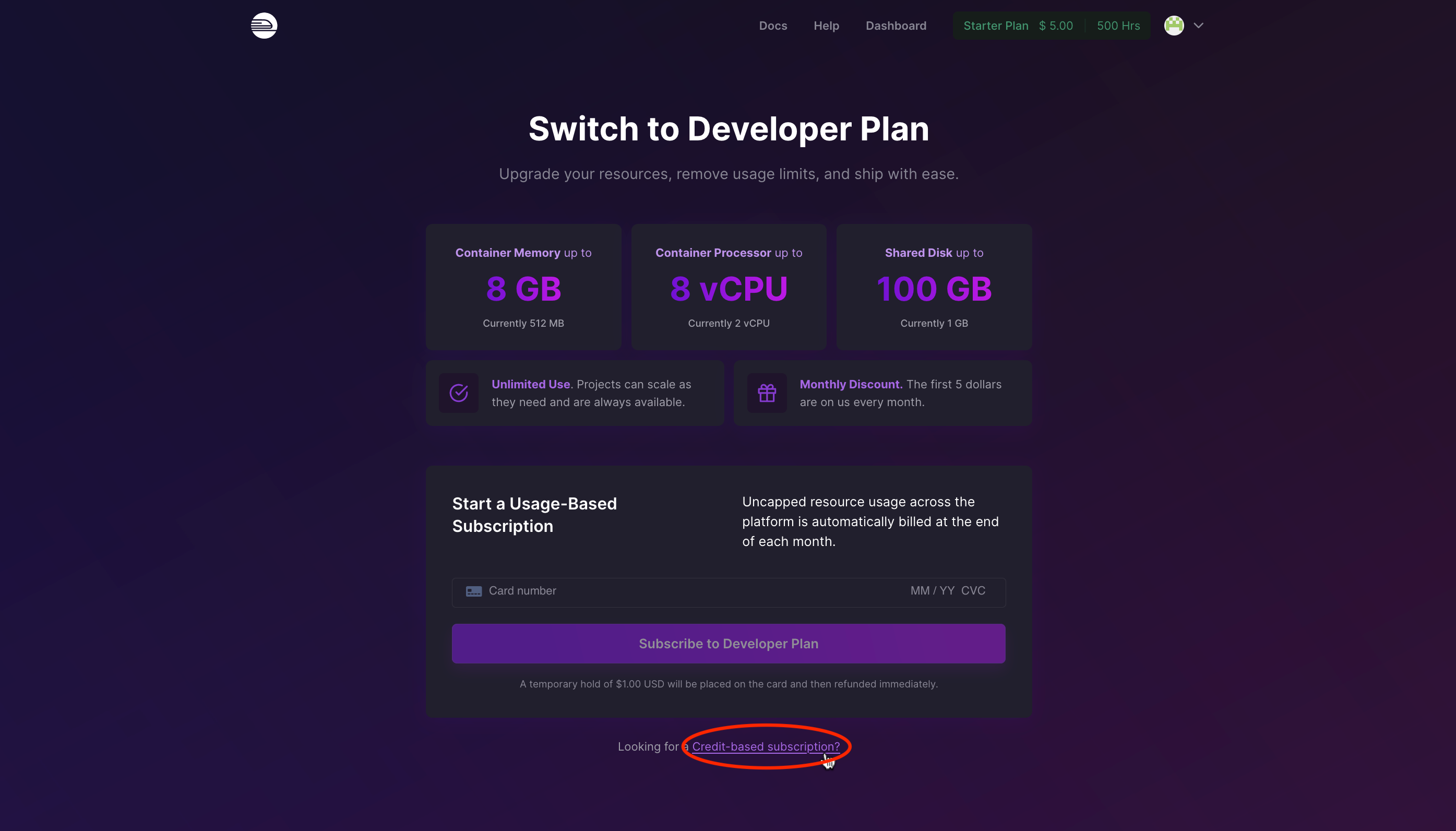 Screenshot of clicking credit-based subscription.