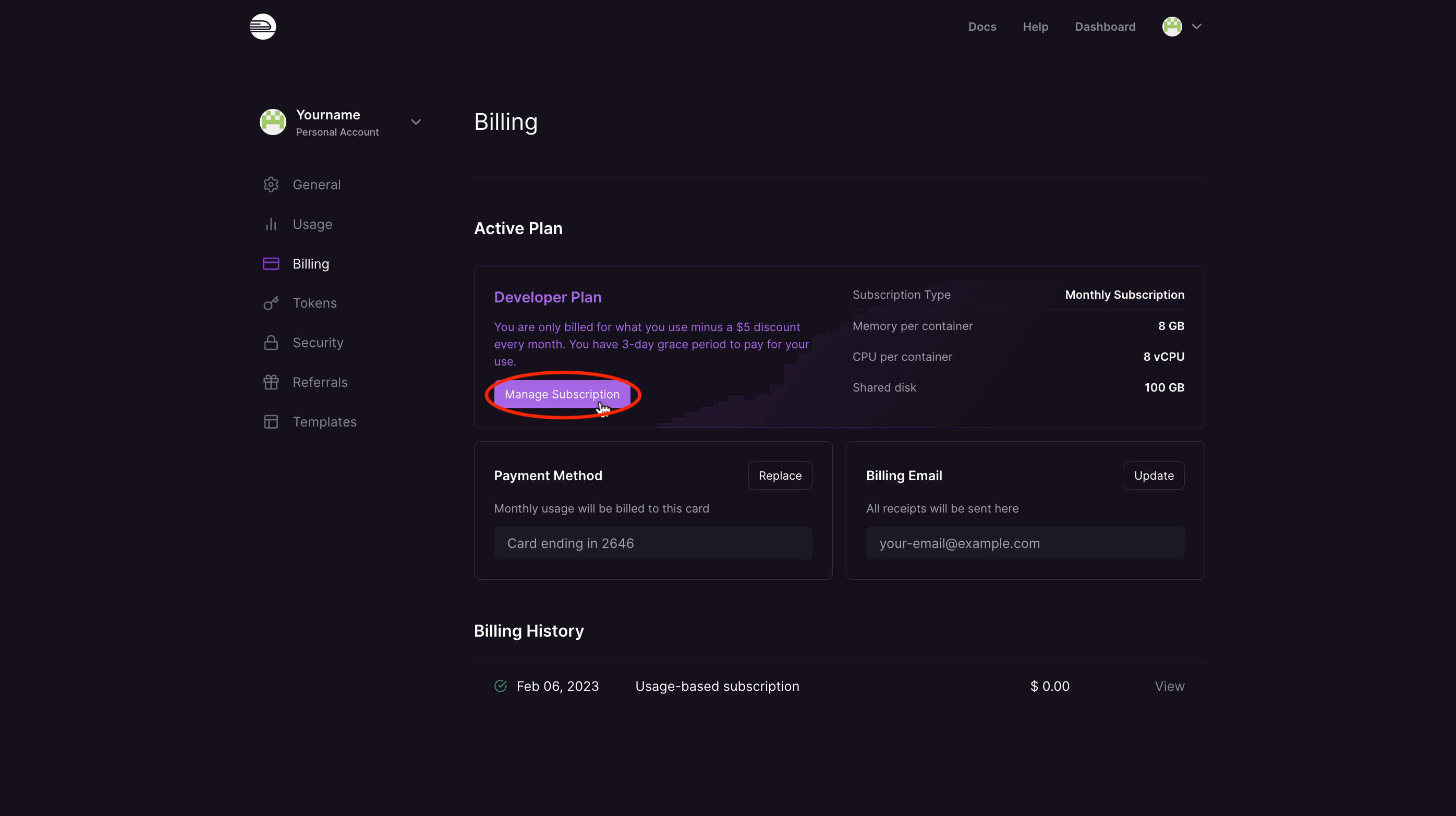 Screenshot of clicking manage subscription.