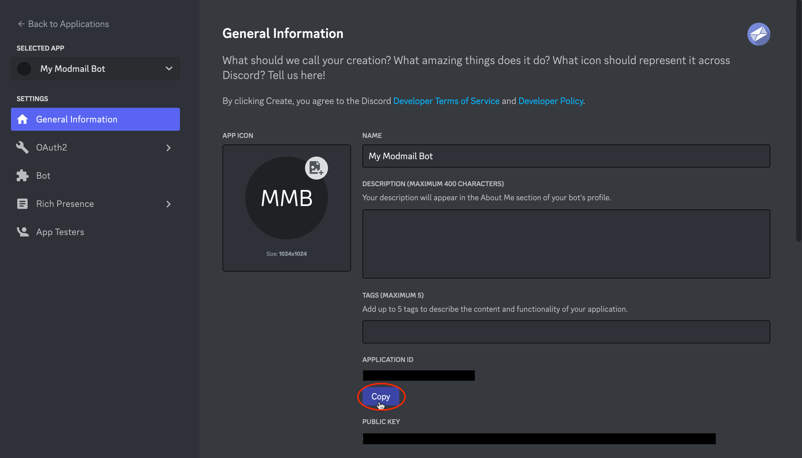 Screenshot of copying the application ID on the general information tab.