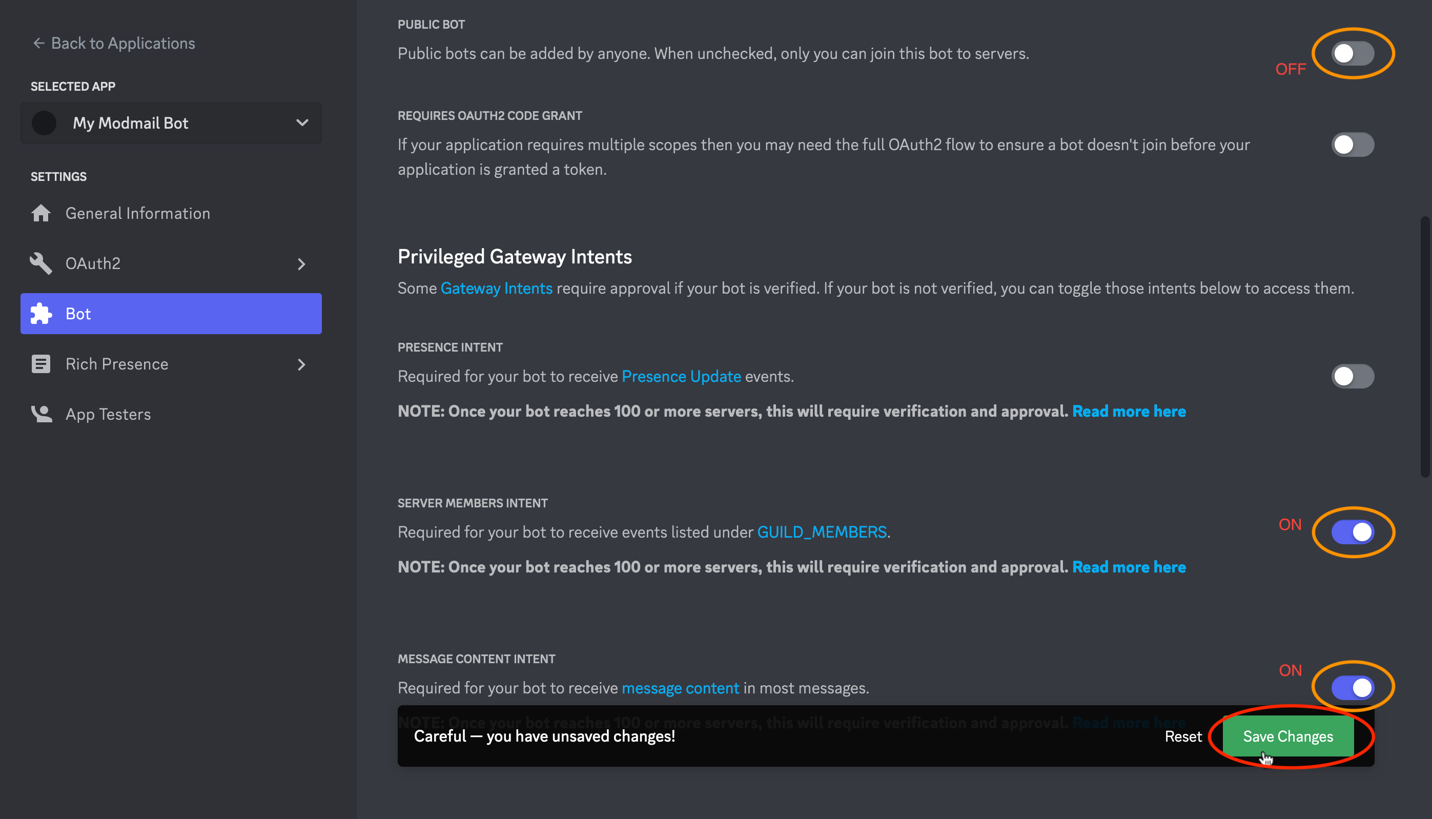 Screenshot of public bot toggled off, server members intent and message content intent toggled on. Pointing at Save Changes button.