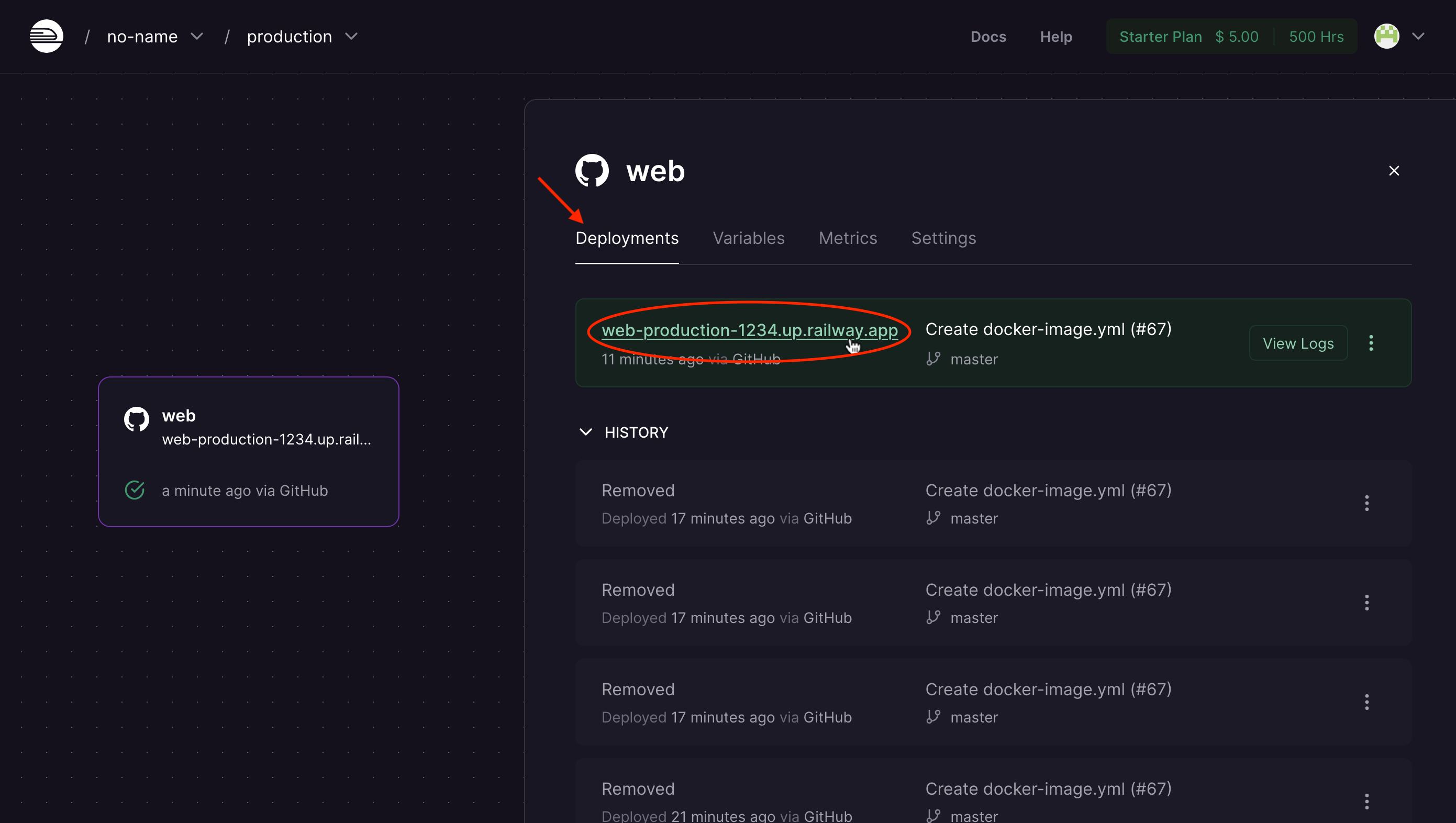 Screenshot of the deployments tab, and clicking the URL.