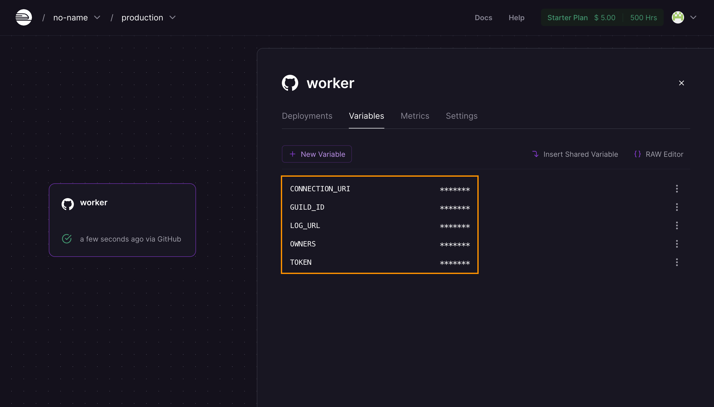 Screenshot of the completed variables page.