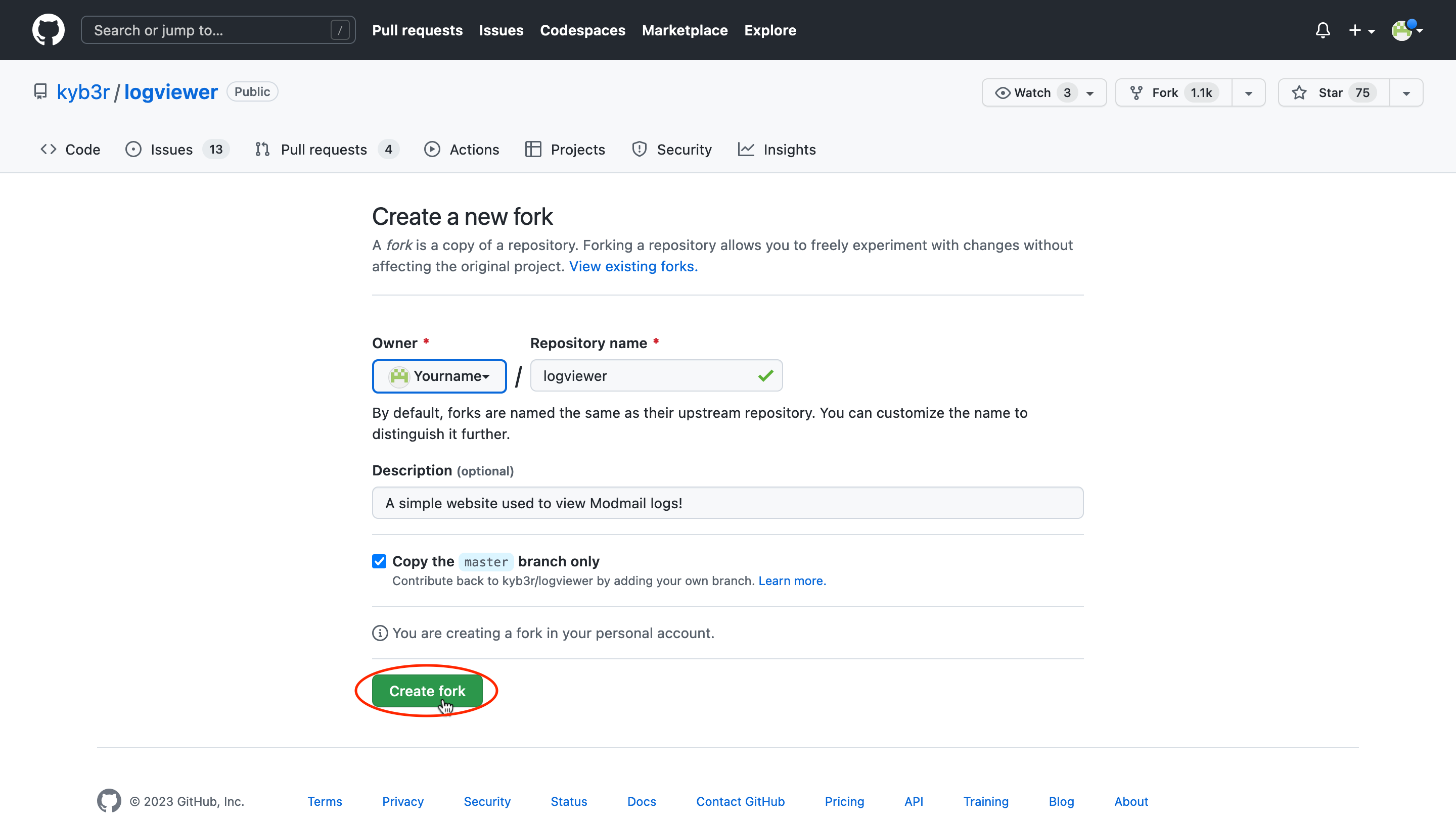 Screenshot of creating a Logviewer fork.