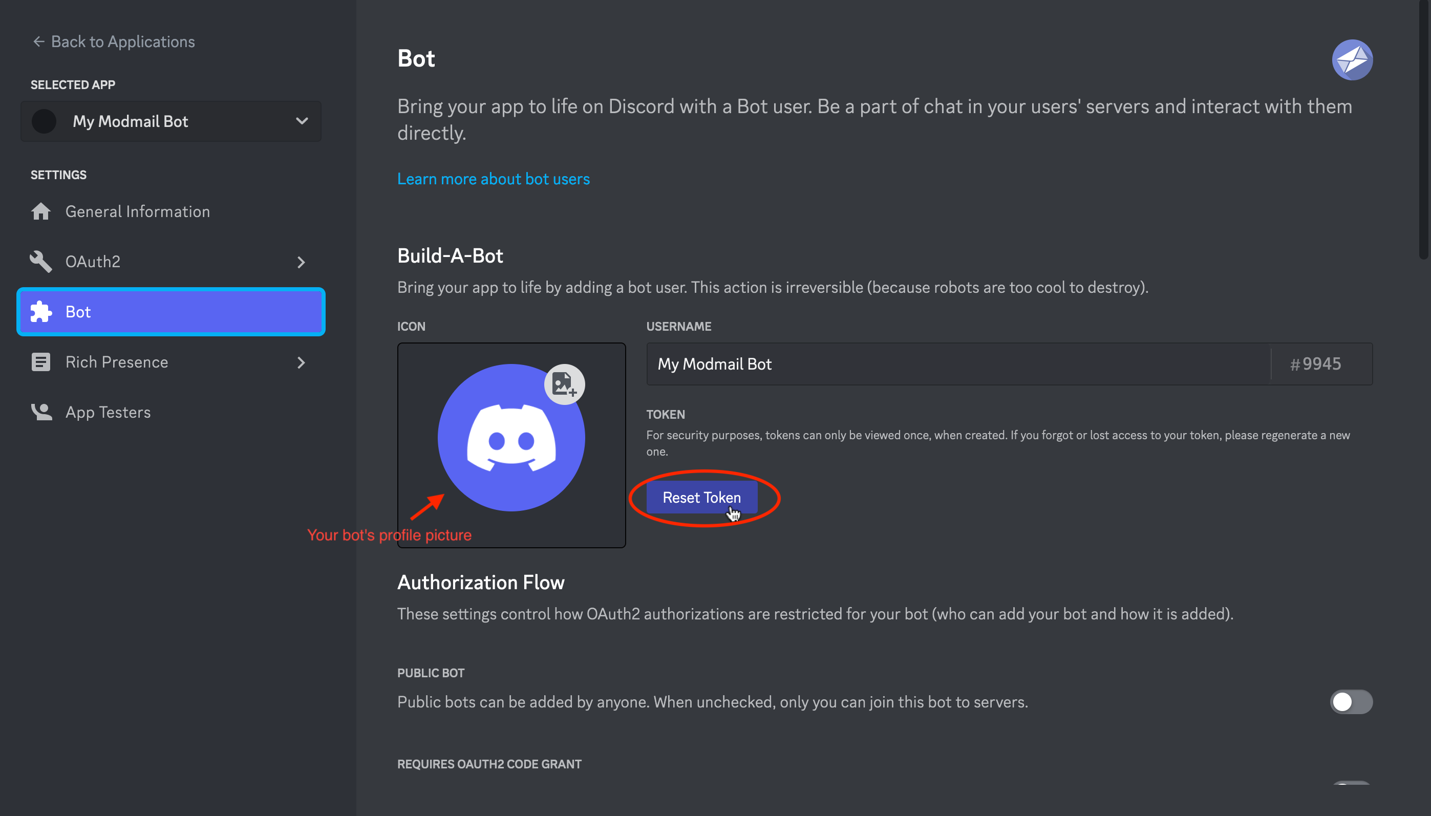 Screenshot with arrow pointing to reset token.
