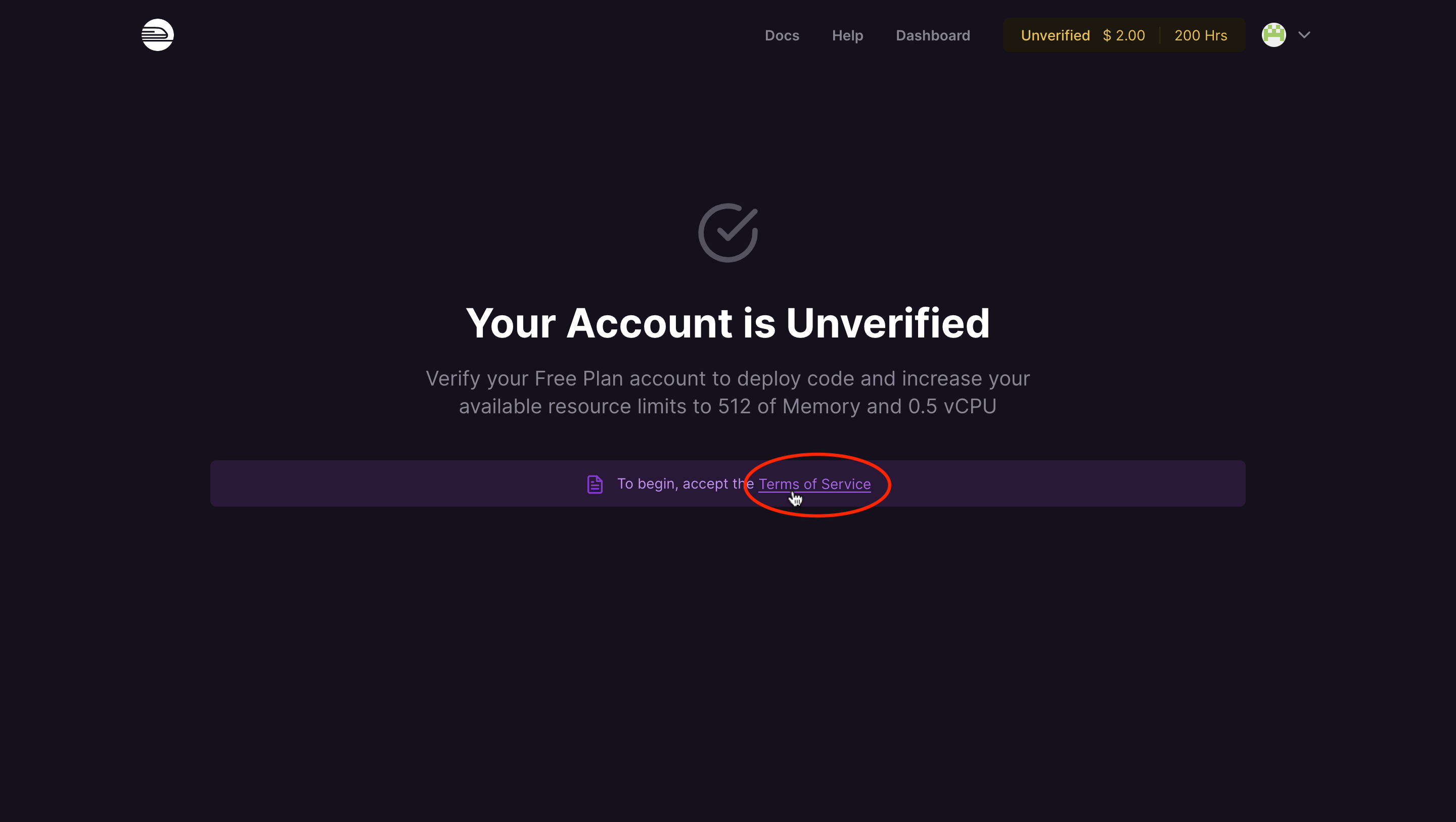 Screenshot of clicking terms of service.