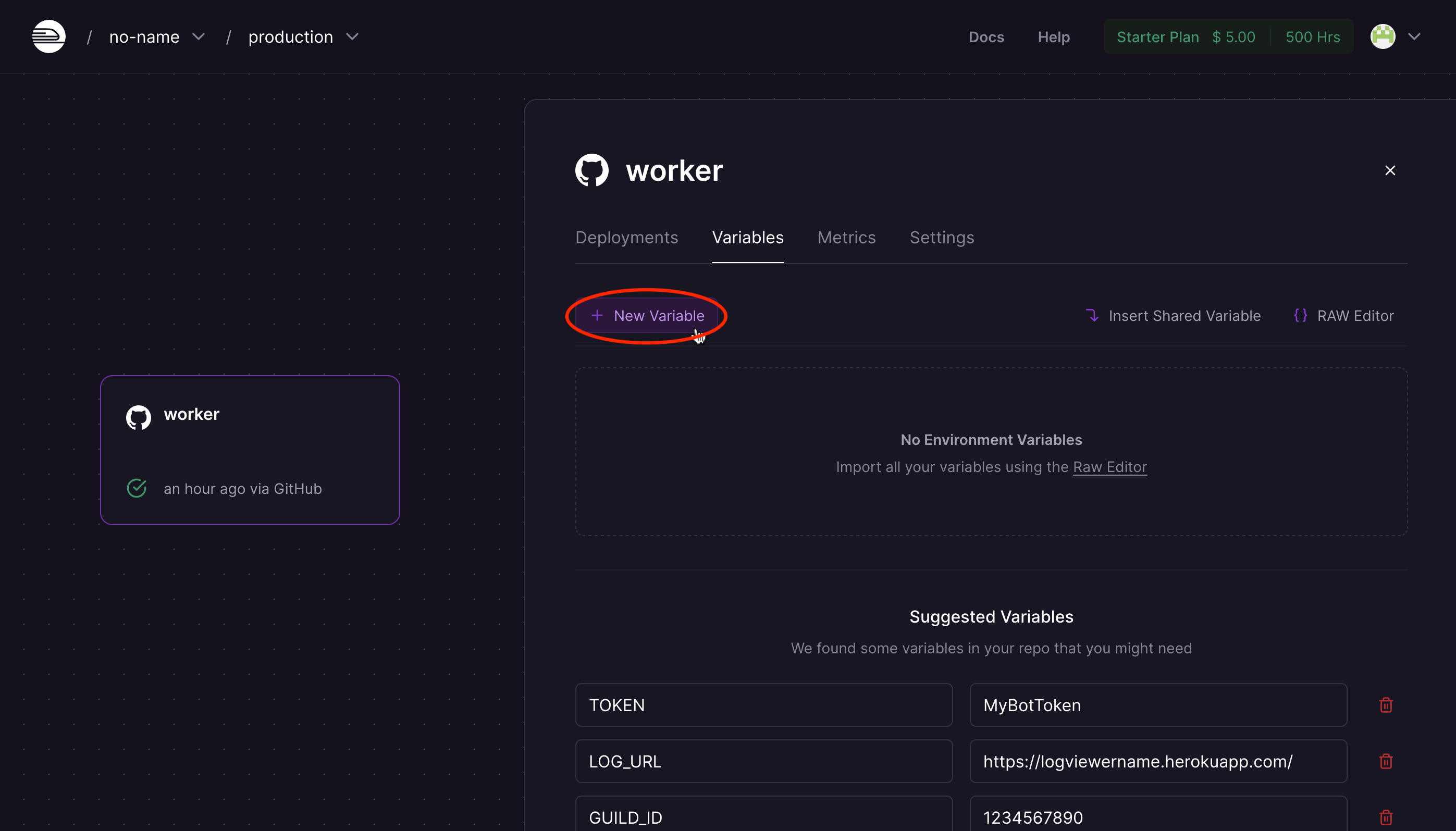 Screenshot of clicking new variable.