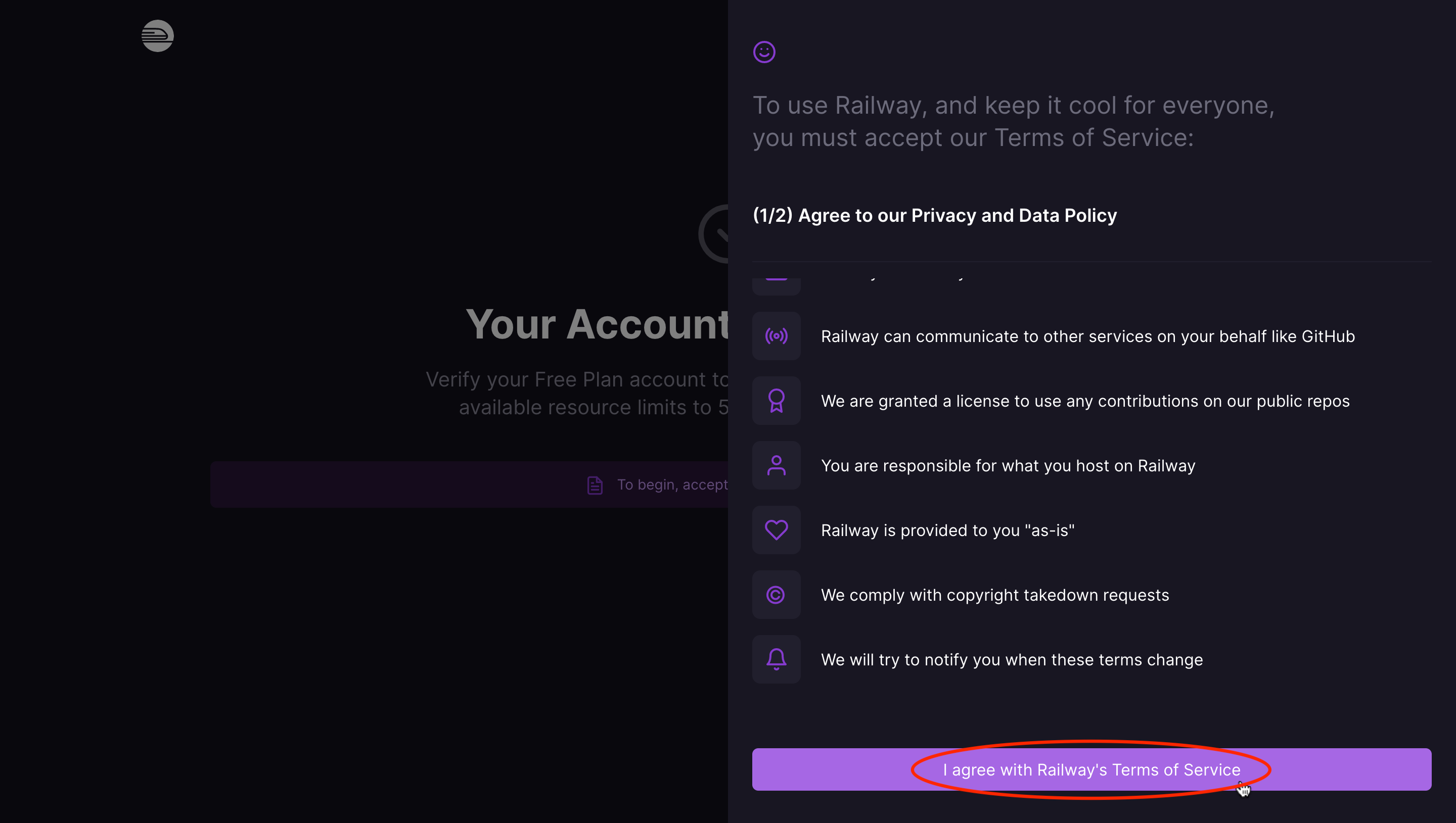 Screenshot of clicking I agree with terms of service.