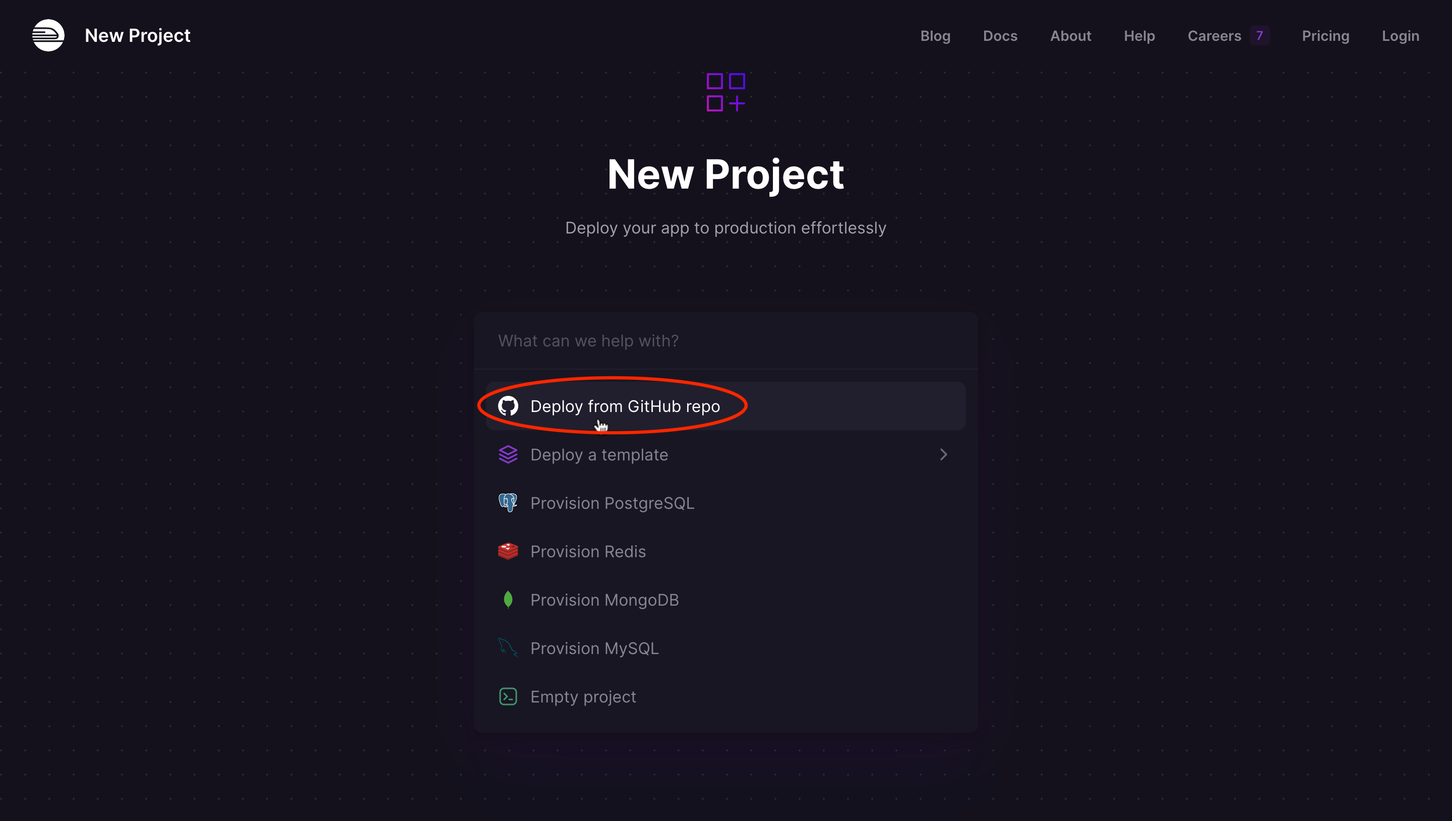 Screenshot of selecting the deploy from GitHub repo option.